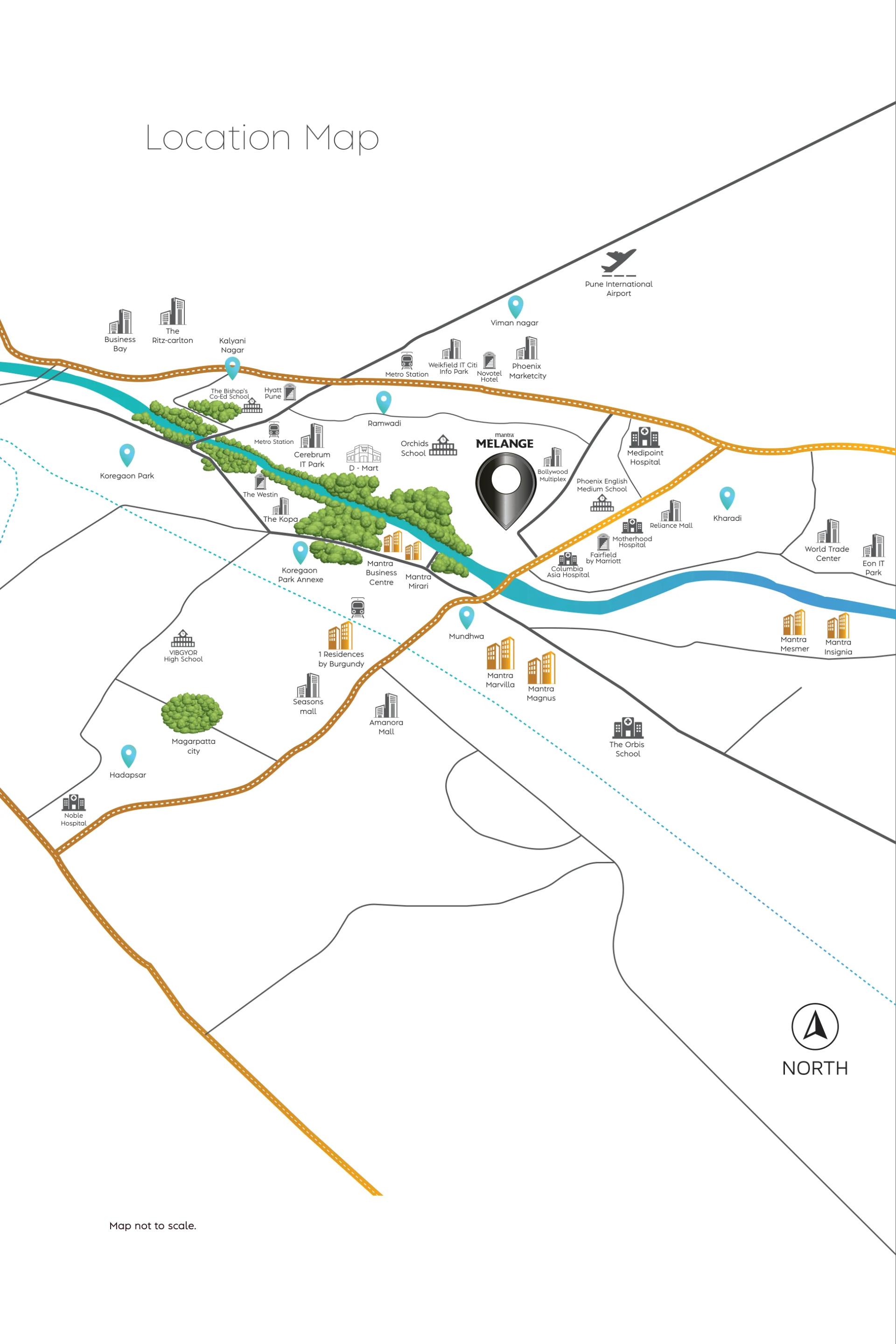 Location map of Mantra Melange, Kharadi with nearby malls, IT parks, schools and hospitals