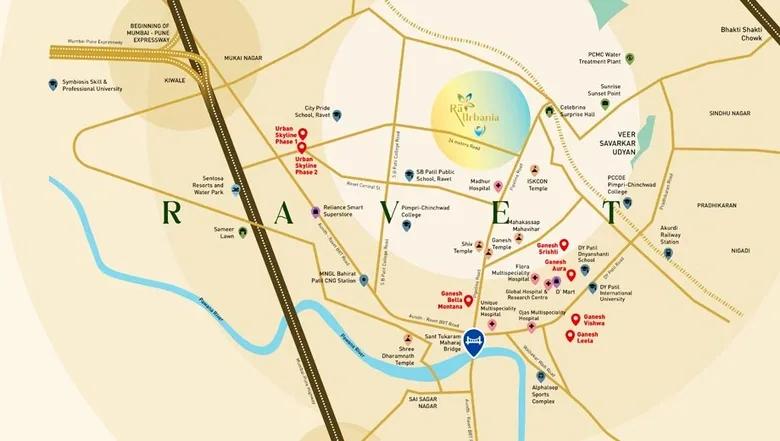 RA Urbania location map showing Ganesh Nagar, Ravet and nearby landmarks, Pune