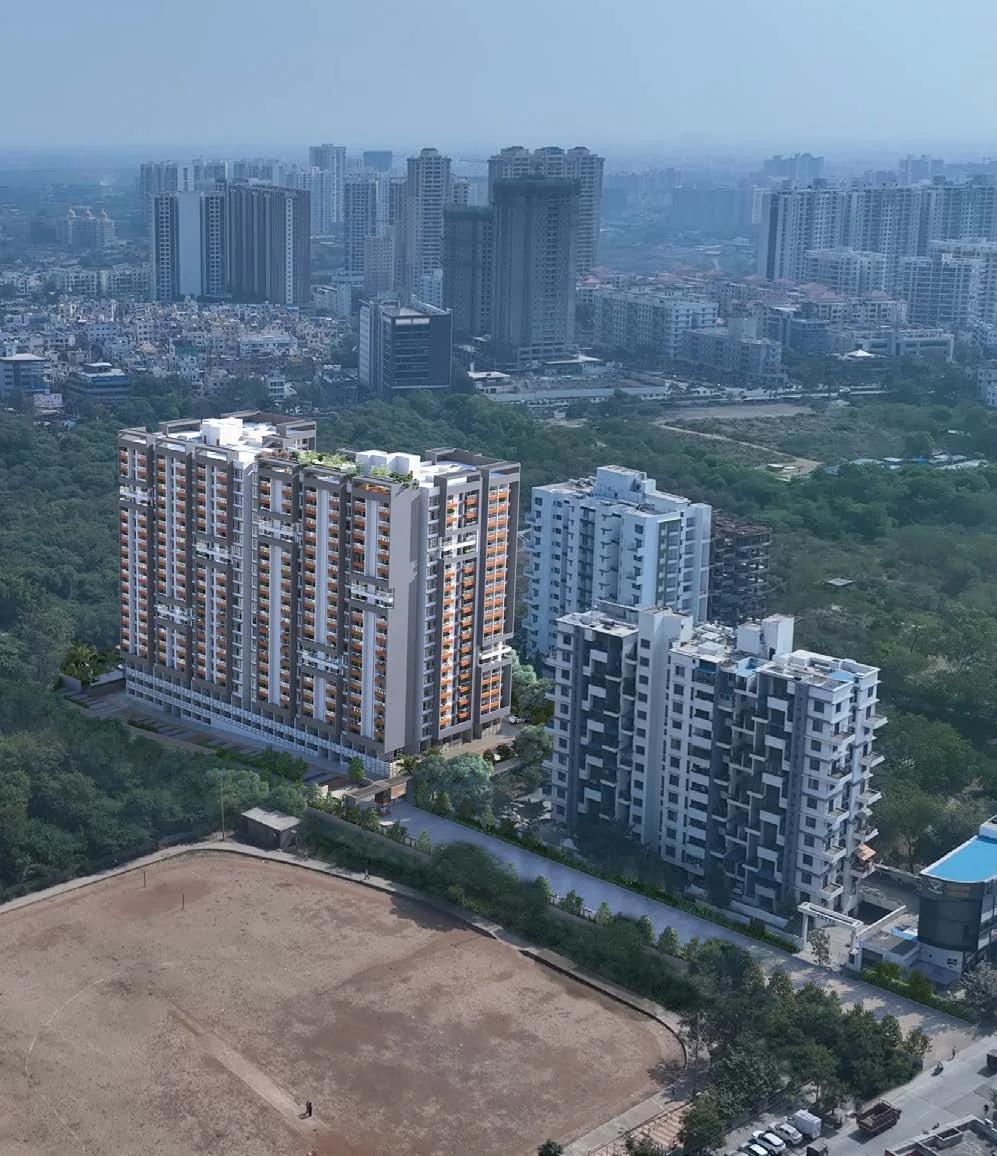 Aerial view of Neco Park Central (left) beside a playground and green open spaces in Kharadi (artist's impression)