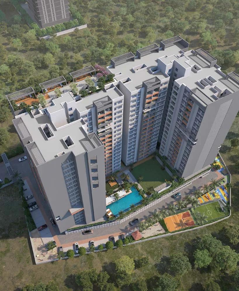 Aerial view of Neco Park Central with podium lawn, pool and sports courts (artist's impression)