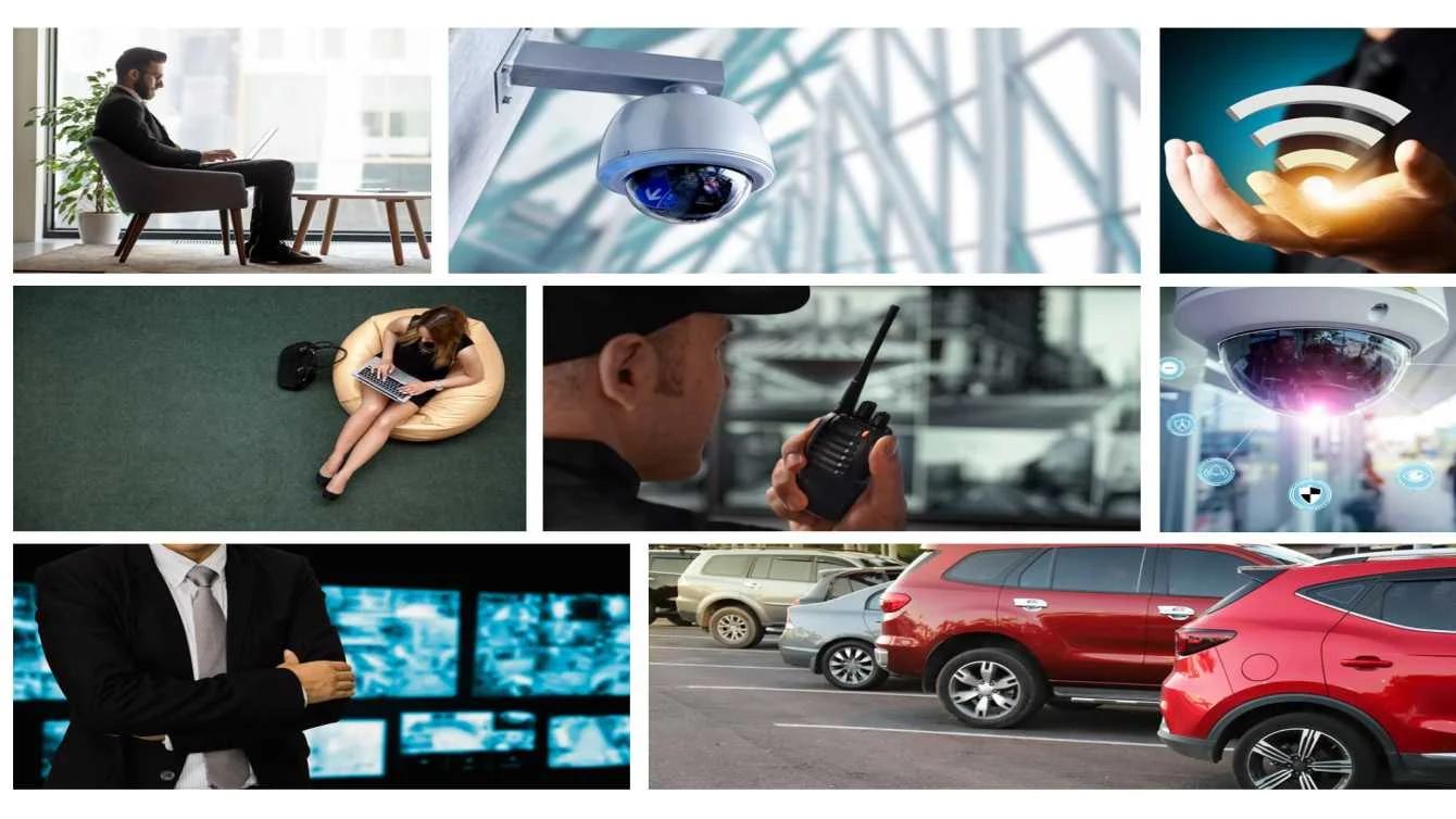 Collage of security cameras, parking and office scenes at 45 West, Baner