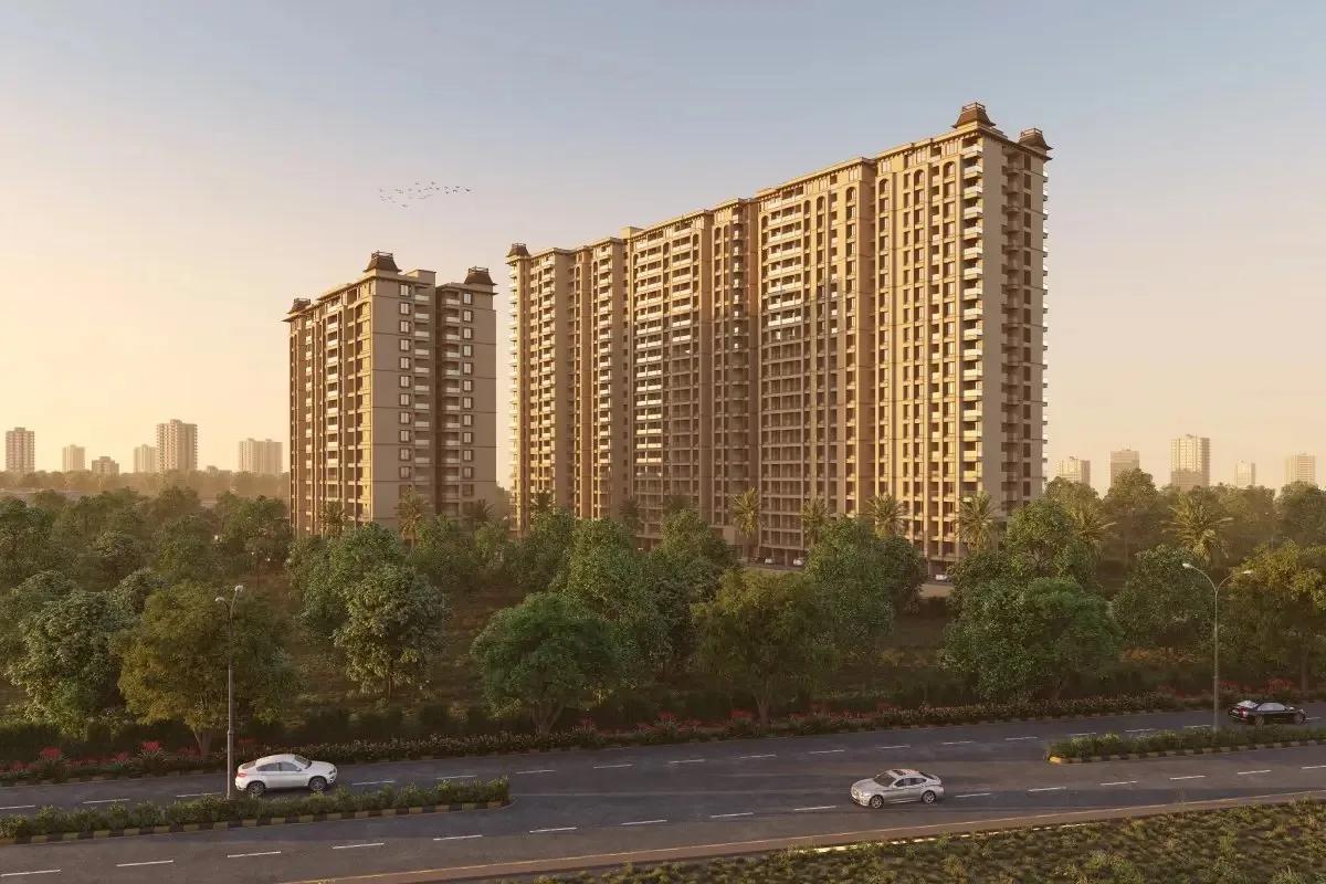 Nexus Skydale towers at golden hour from the main road, Punawale, Pune