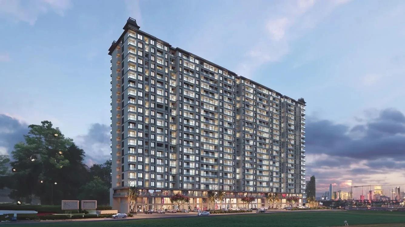 Nexus Skydale tower elevation at dusk with podium retail, Punawale, Pune