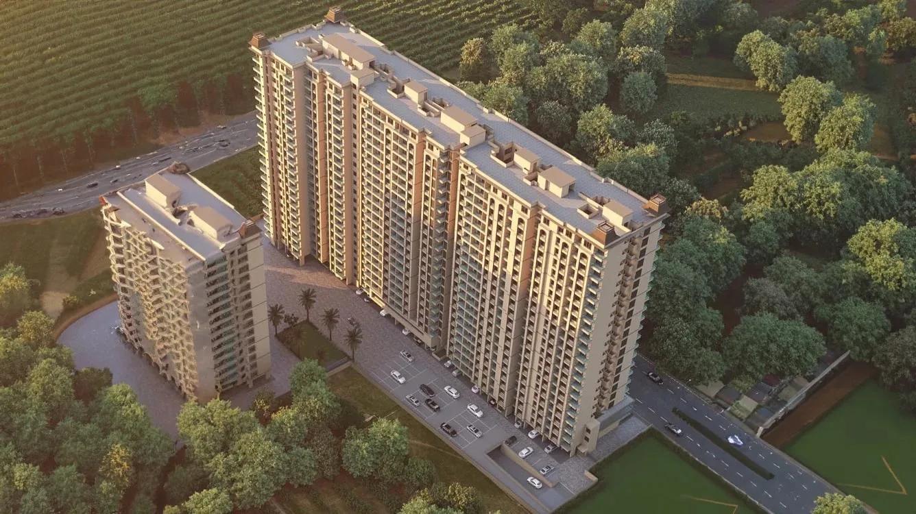 Aerial view of Nexus Skydale towers and parking, Kate Wasti, Punawale, Pune