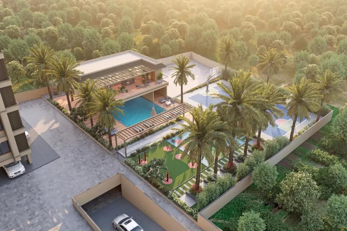 Nexus Skydale podium amenities aerial: pool, clubhouse and sports courts, Punawale, Pune