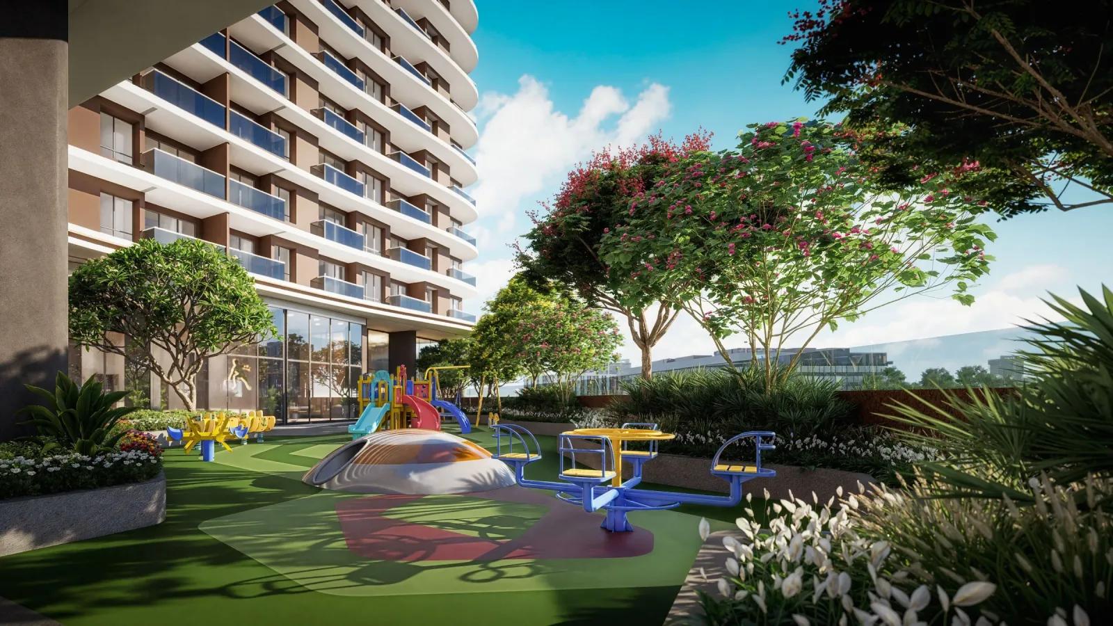 Landscaped podium and kids play area at Kohinoor Downtown, Wakad