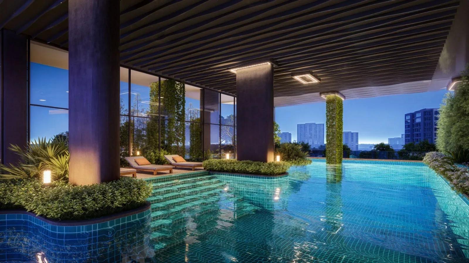 Covered swimming pool at Kohinoor Downtown, Wakad Pune