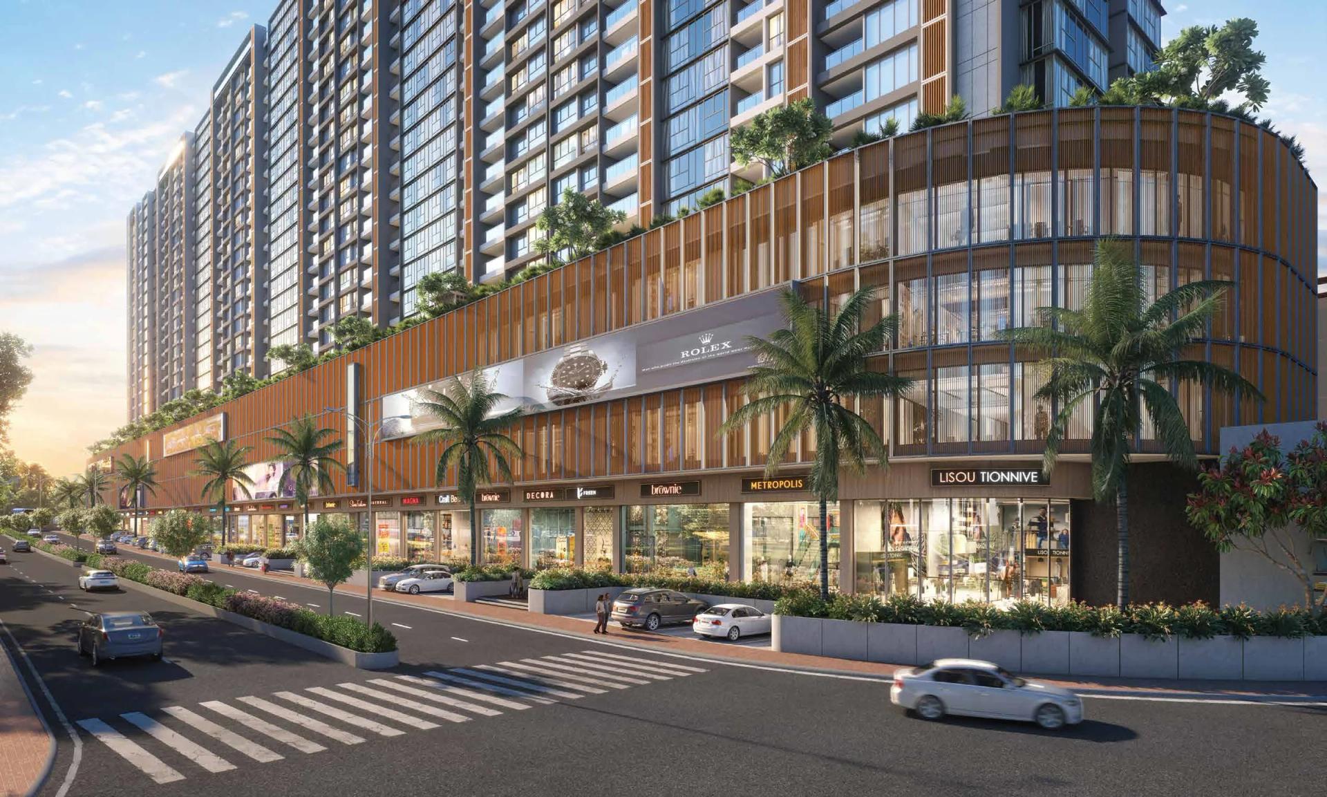 Majestique Evolvus retail frontage and towers on the Kharadi high street (artist's impression)