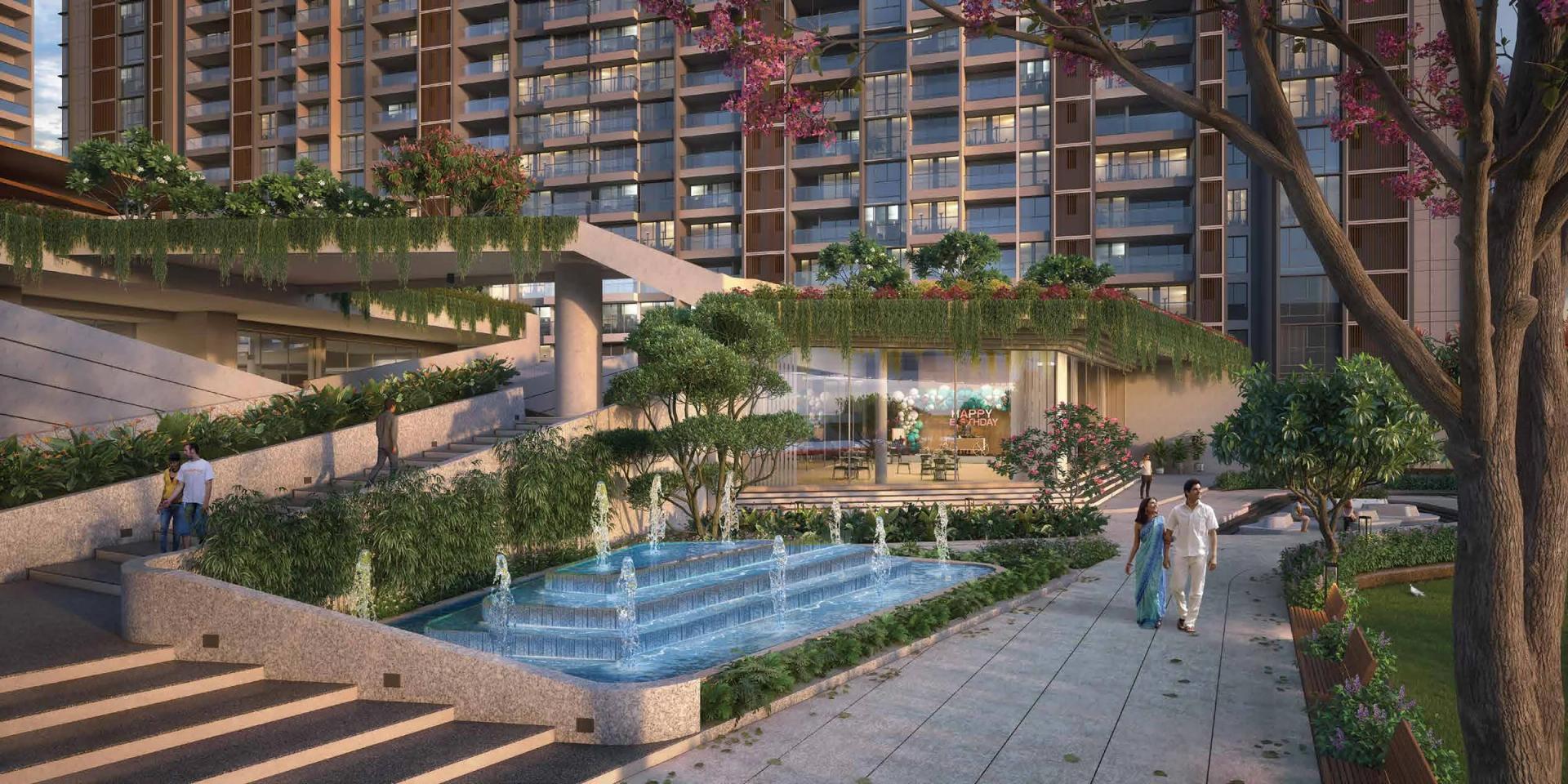Ground-level pathway with fountain and seating at Majestique Evolvus (artist's impression)