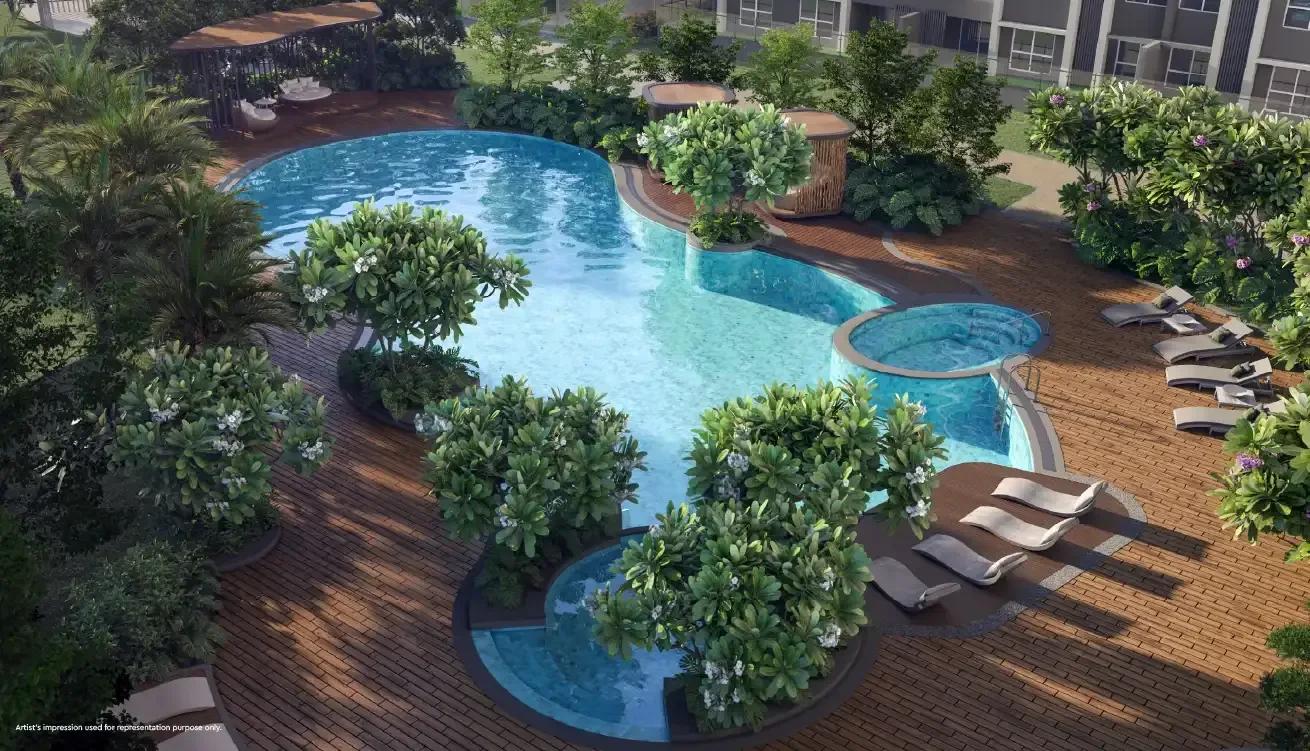 Lagoon-style main pool with jacuzzi and pool cabanas at Godrej Ivara (artist's impression)