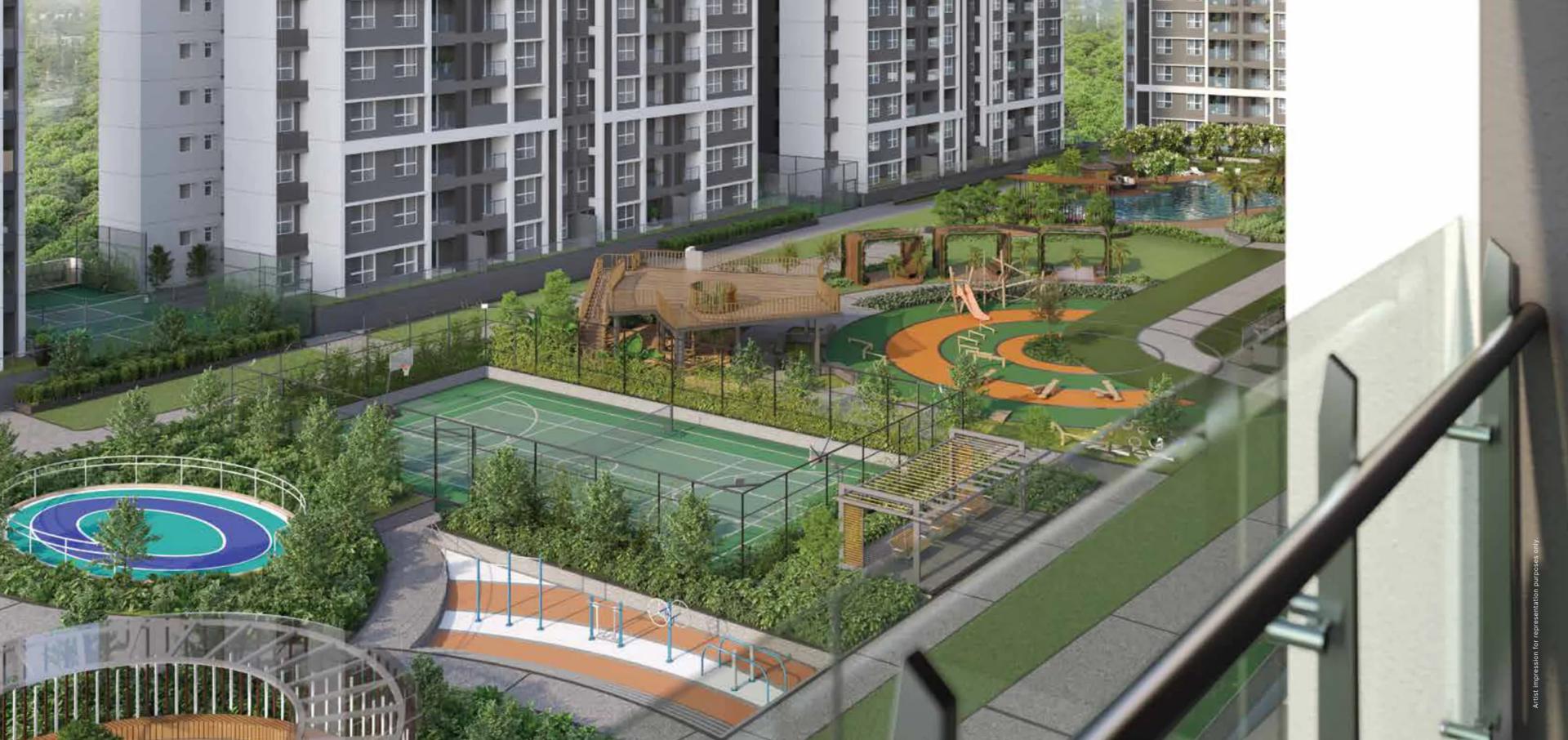 Podium amenities – multi-play court, kids' play area and fitness path at Godrej Ivara (artist's impression)