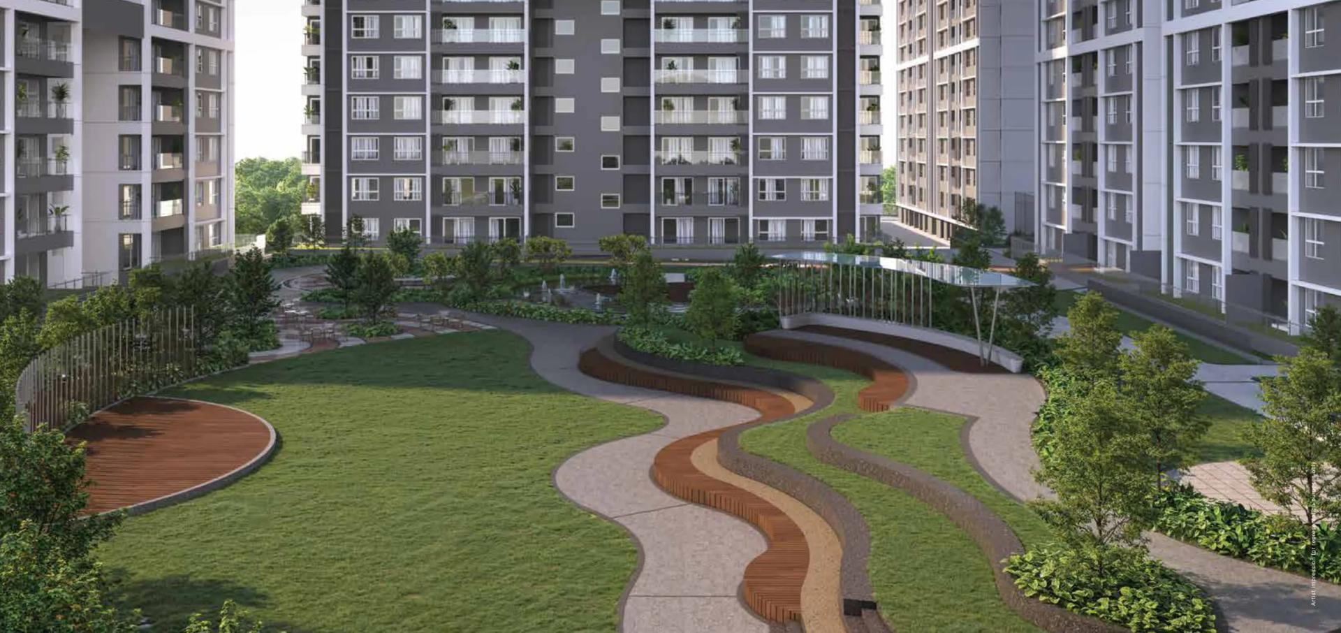 Amphitheatre and landscaped lawn between the towers at Godrej Ivara (artist's impression)