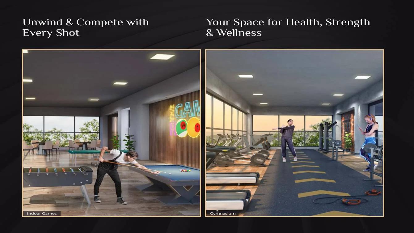 Indoor games room and gym on an amenities slide at AG Landmark, Wakad