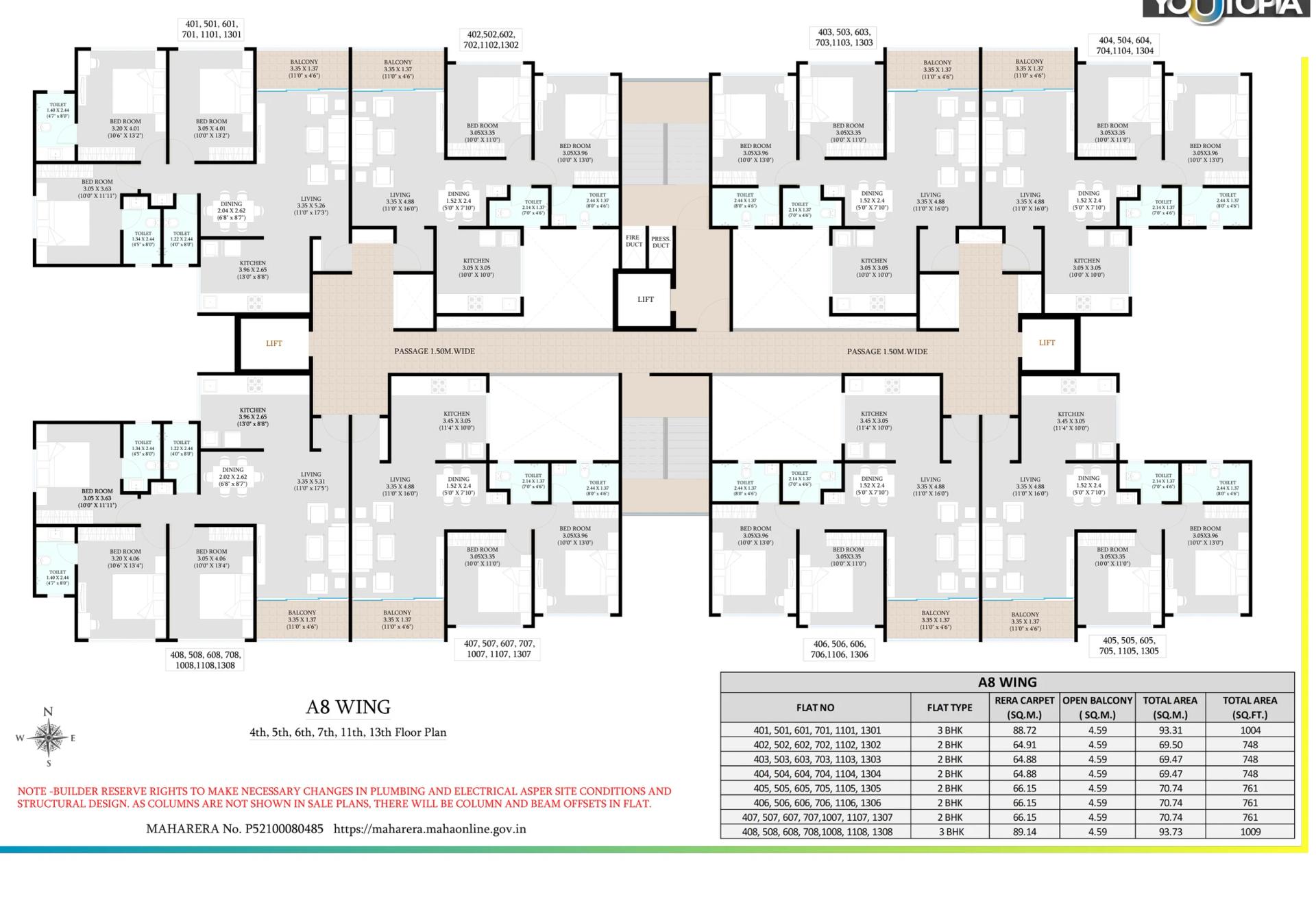 A8 wing typical floor plan with flat areas at Unique Youtopia, Kharadi