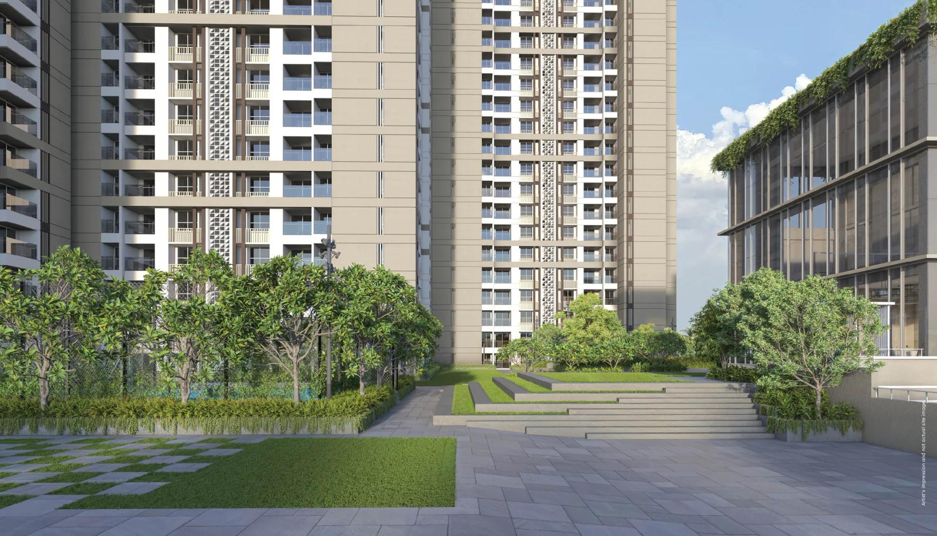 Podium garden with stepped seating at Godrej Aqua Vista, Keshav Nagar