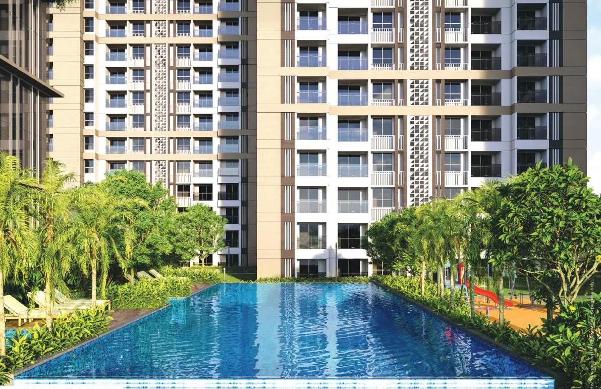 Swimming pool and deck below the towers at Godrej Aqua Vista, Keshav Nagar