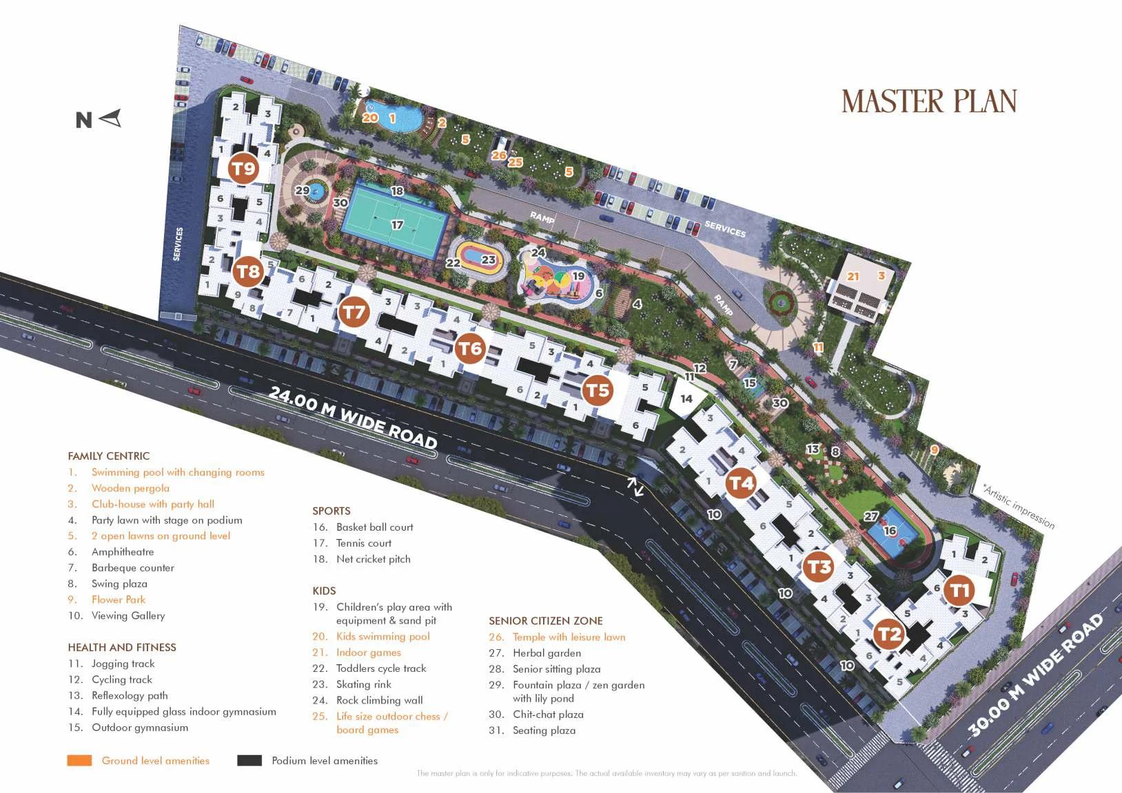 VTP Dolce Vita master plan showing towers T1 to T9 and the amenity list (artist's impression)