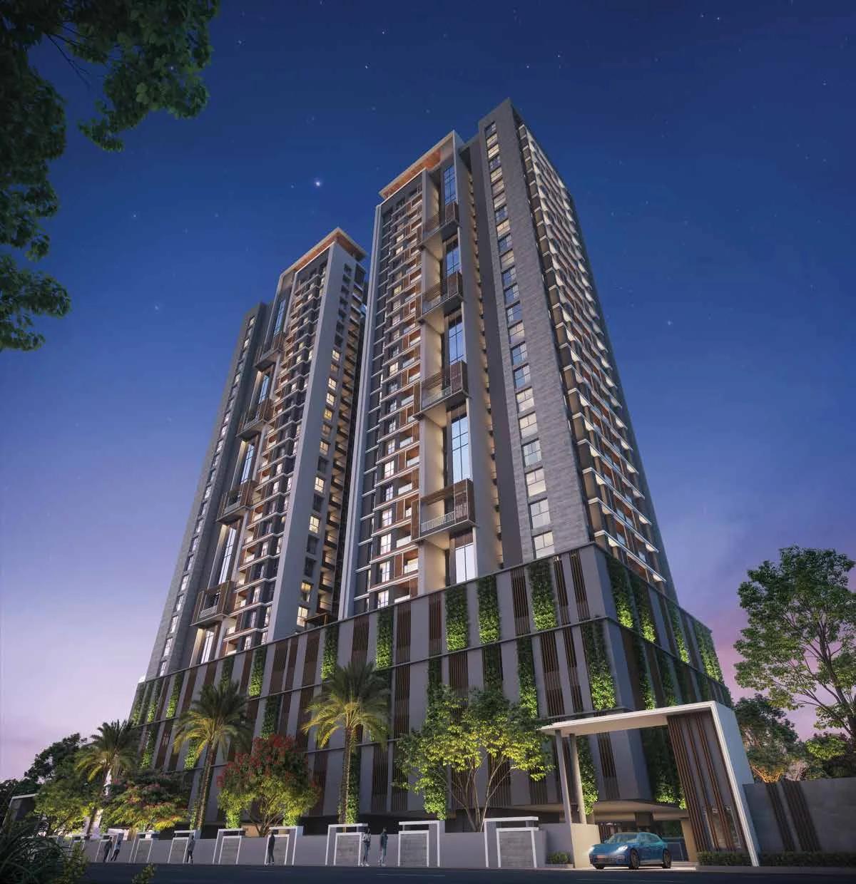 Newton Homes Royale entrance and tower at dusk (artistic impression)