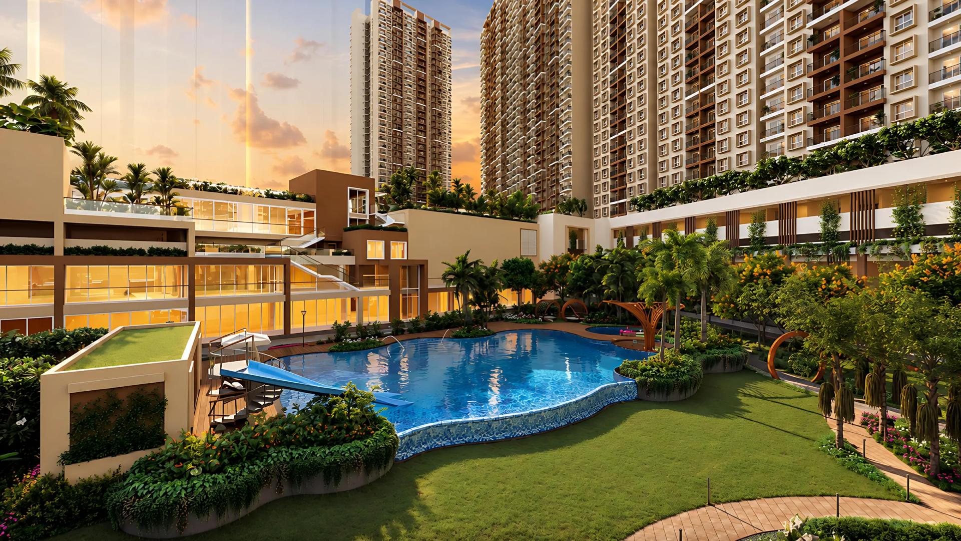 Multi-level clubhouse and swimming pool at Mahindra Rivenza (artist's impression)