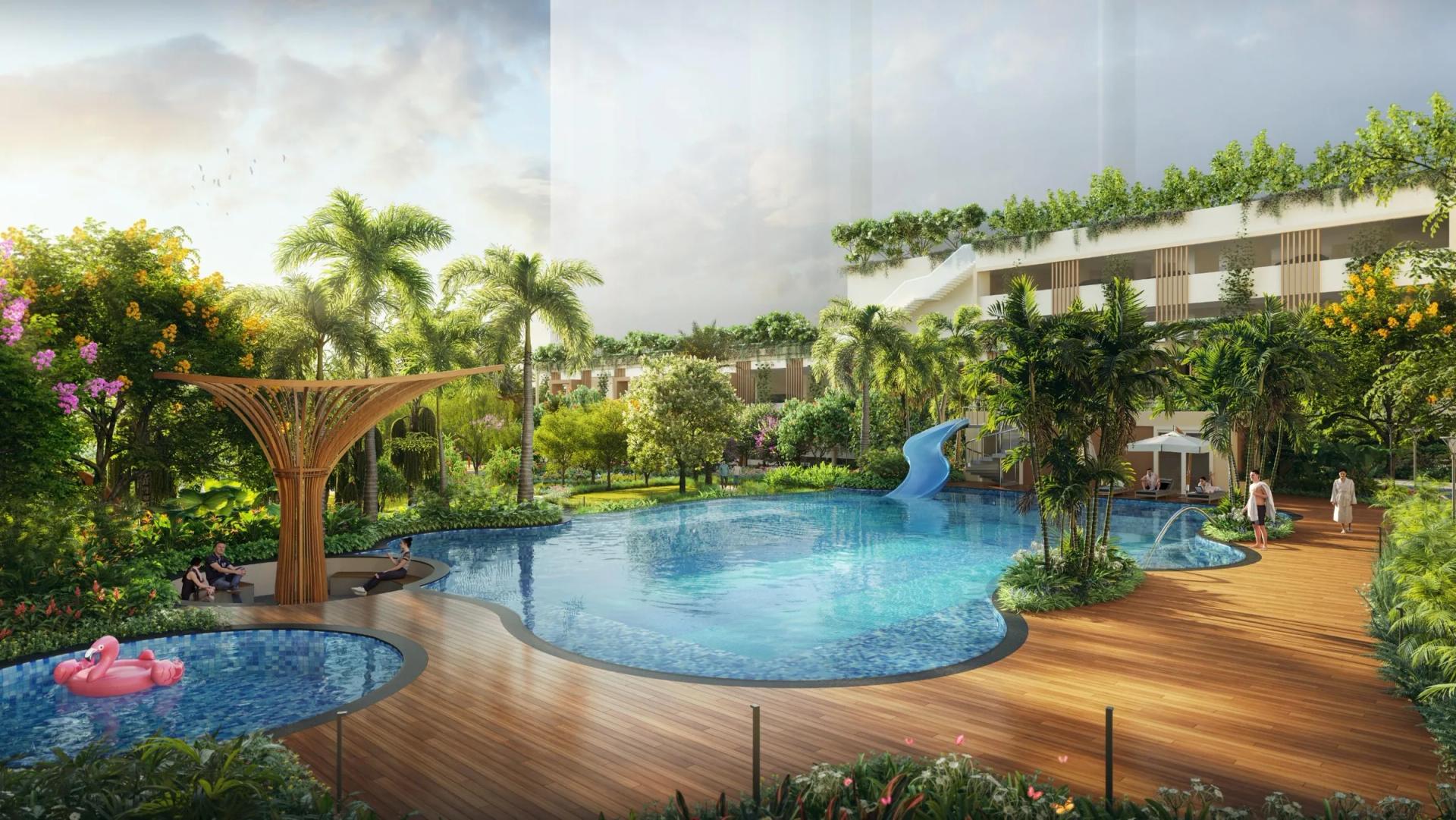 Swimming pool with sunken bar and kids' pool at Mahindra Rivenza (artist's impression)