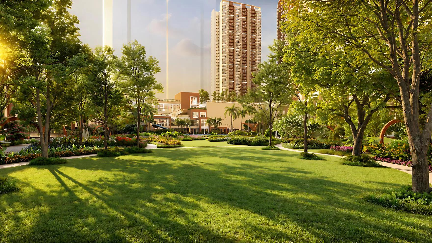 Landscaped central lawn at Mahindra Rivenza – 9+ acres of greens (artist's impression)
