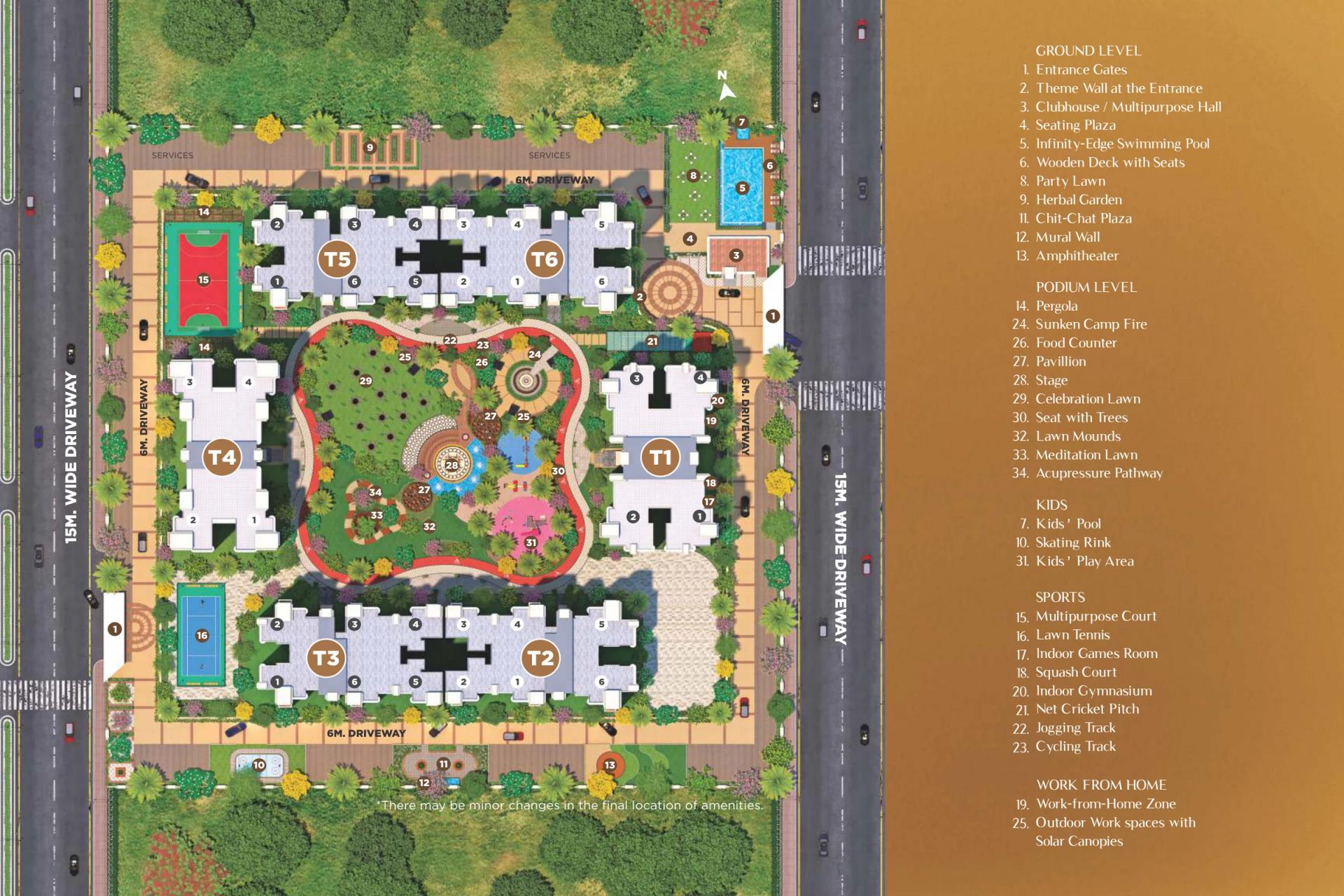 VTP Flamante master plan showing towers T1 to T6, the central podium garden and the amenity legend (artist's impression)