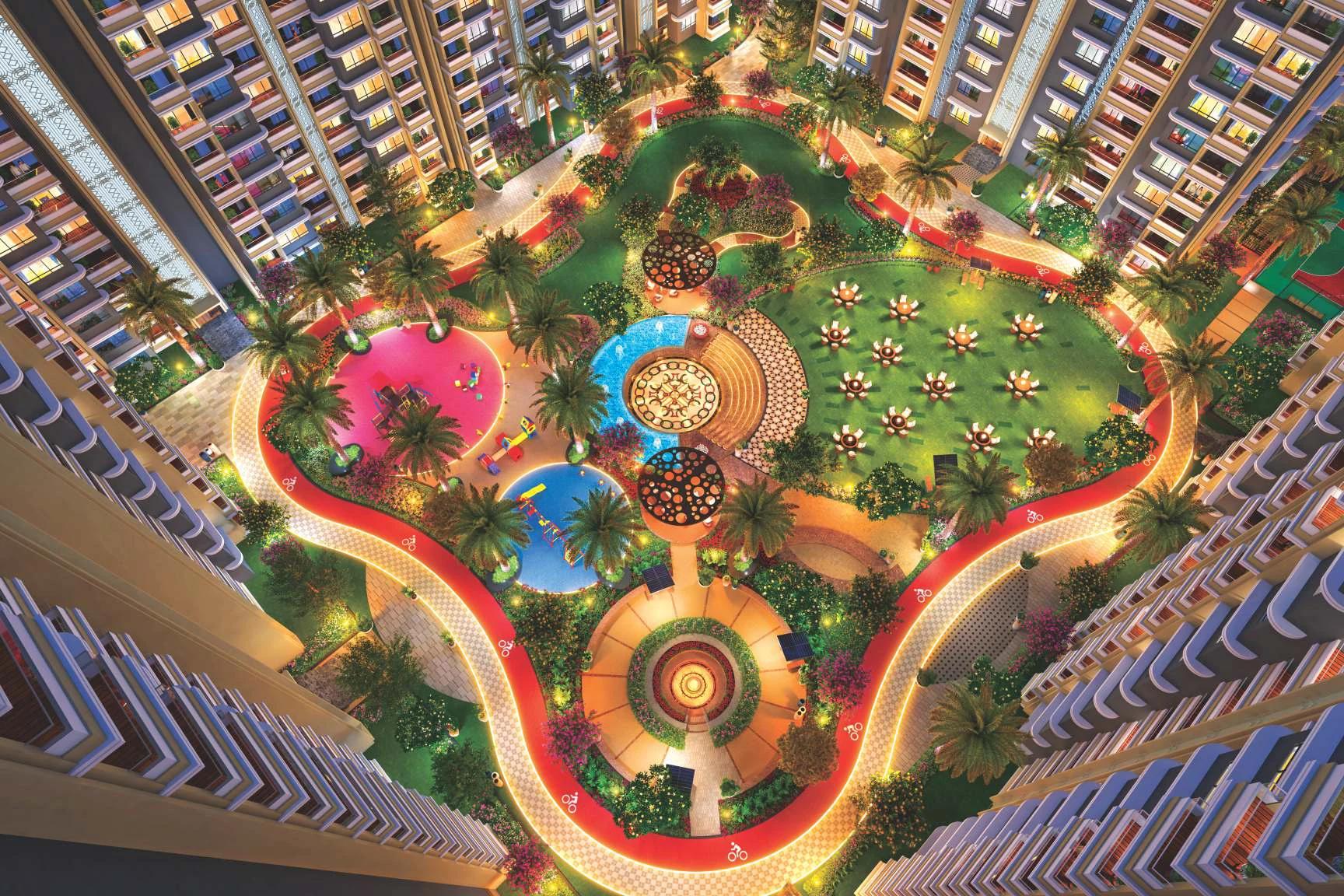 Aerial view of the VTP Flamante central podium garden with cycling track, kids' areas and lawns (artist's impression)