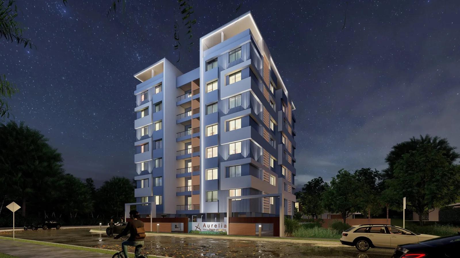 Aurelia by Shitole Properties, Rahatani, Pune - night view of the tower facade