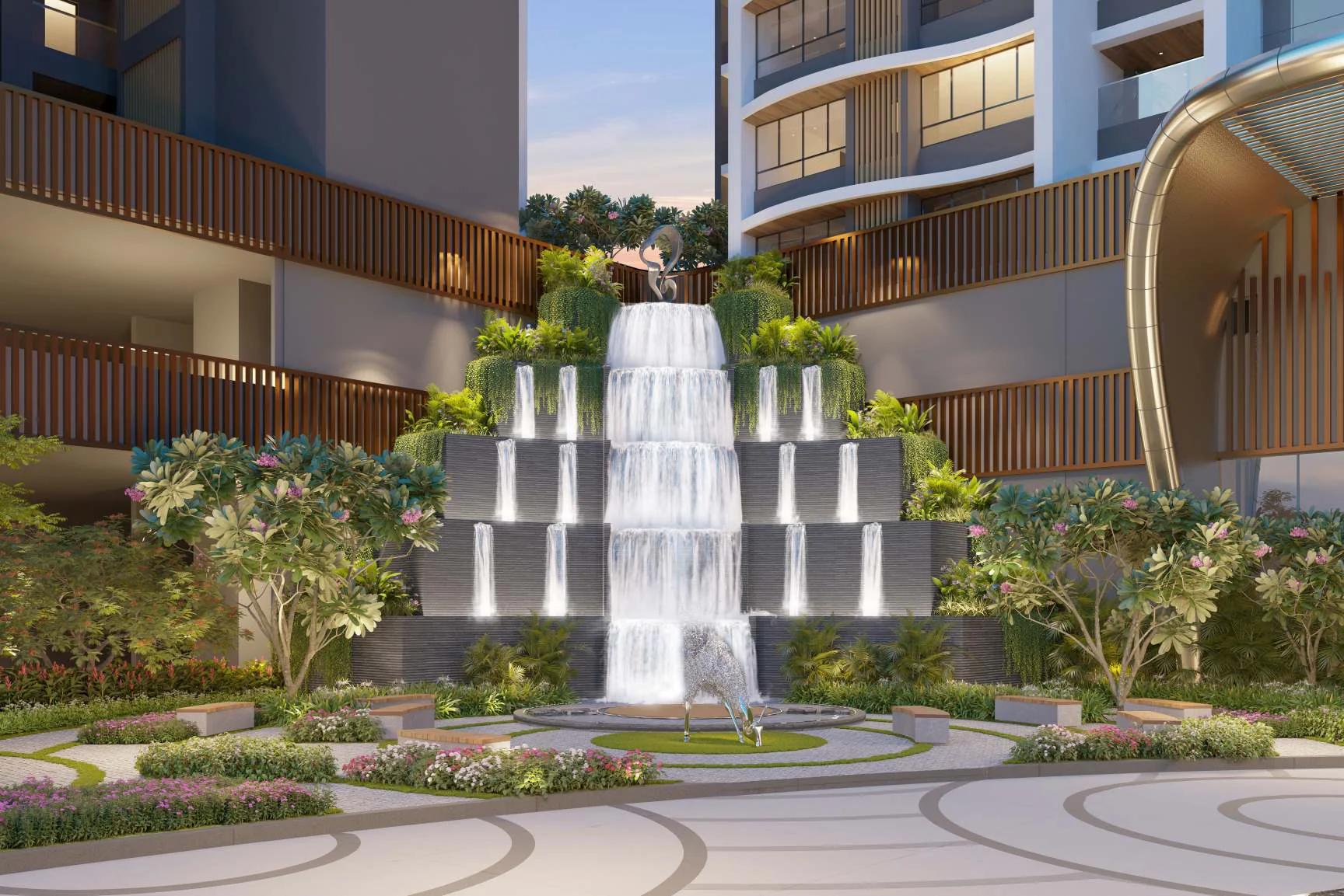 Cascading water feature at the theme plaza of VTP Altamira, Residences by the Falls (artist's impression)