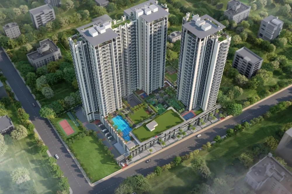 Aerial view of the three towers and podium at Ajwani Prissa Pratham