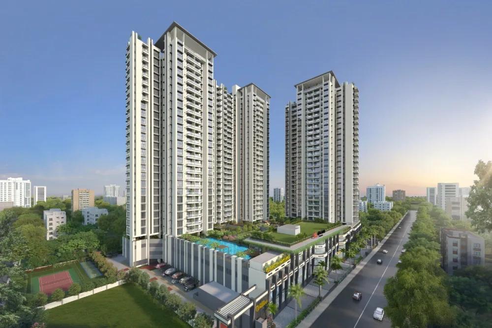 Towers seen from the road with podium pool