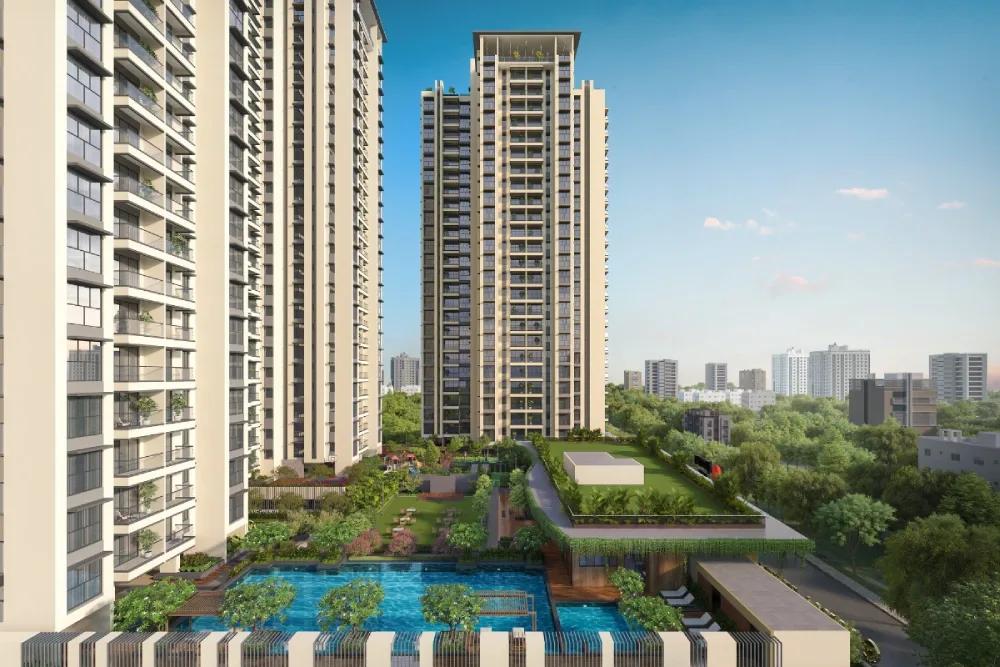 Podium garden and pool below the towers