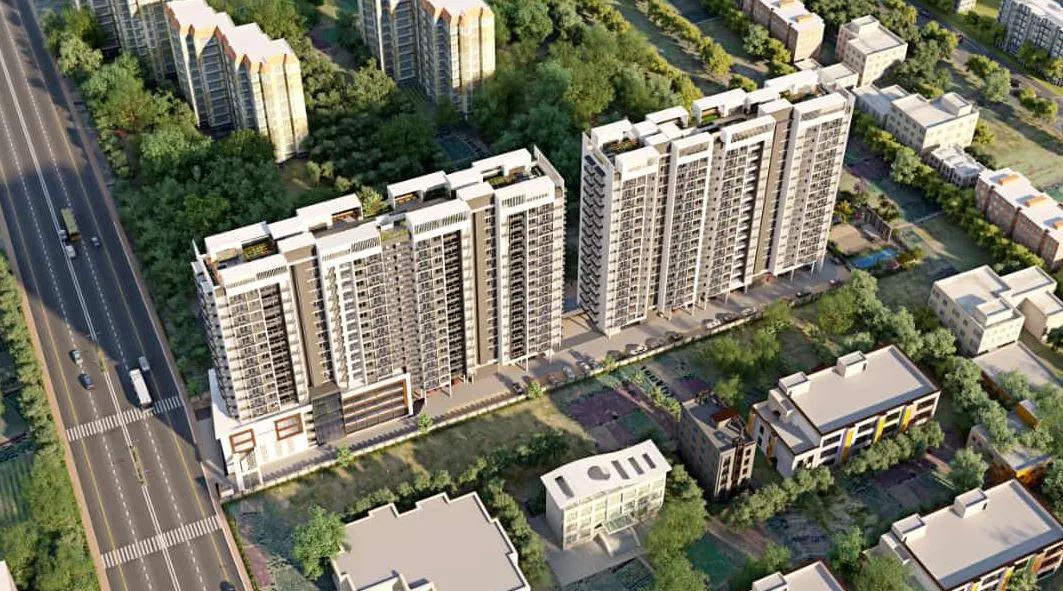 Sky World Siyaram Developers, aerial view of the towers in Kaspate Vasti, Wakad, Pune