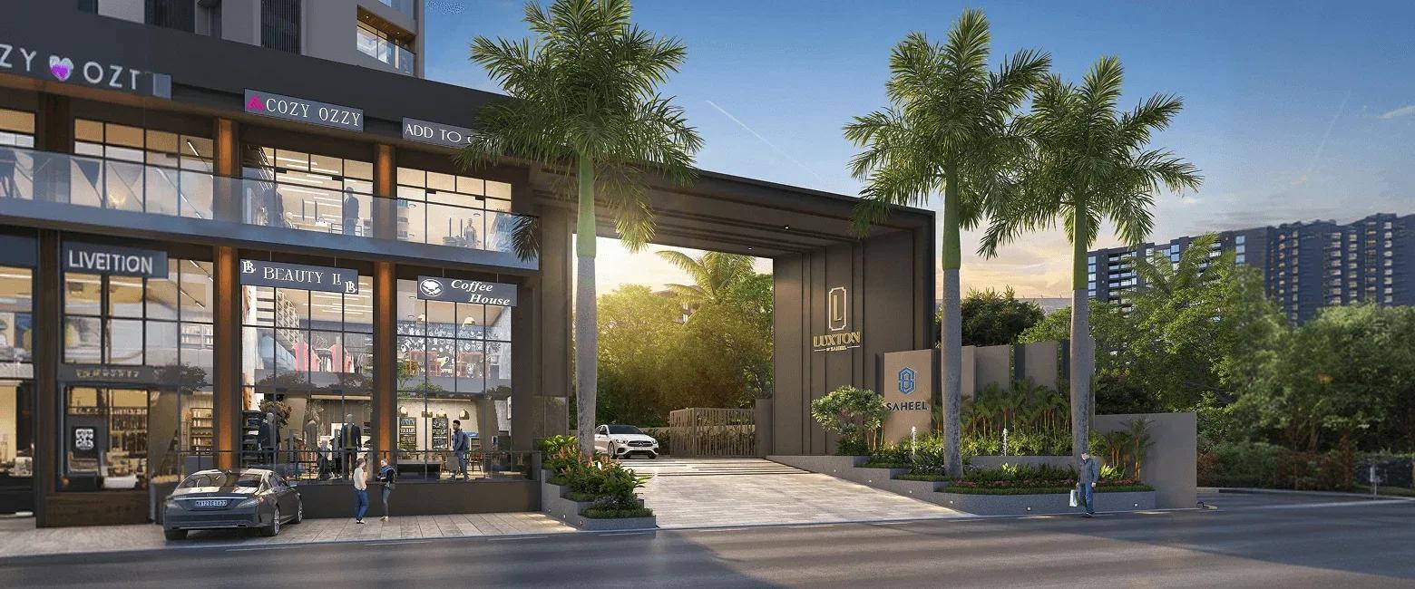 Entrance gate and retail frontage - Luxton by Saheel, Wakad, Pune