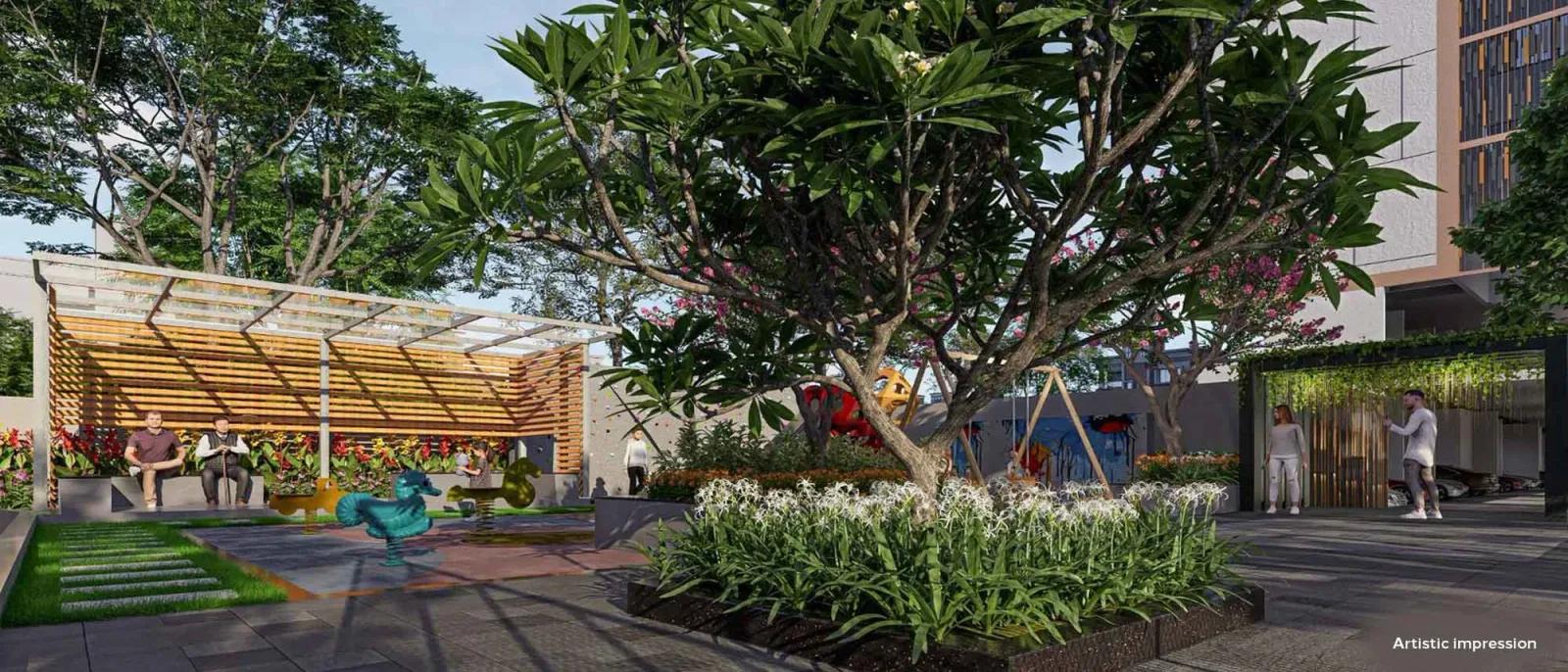 Landscaped seating pavilion and play area at Navyam, Ravet