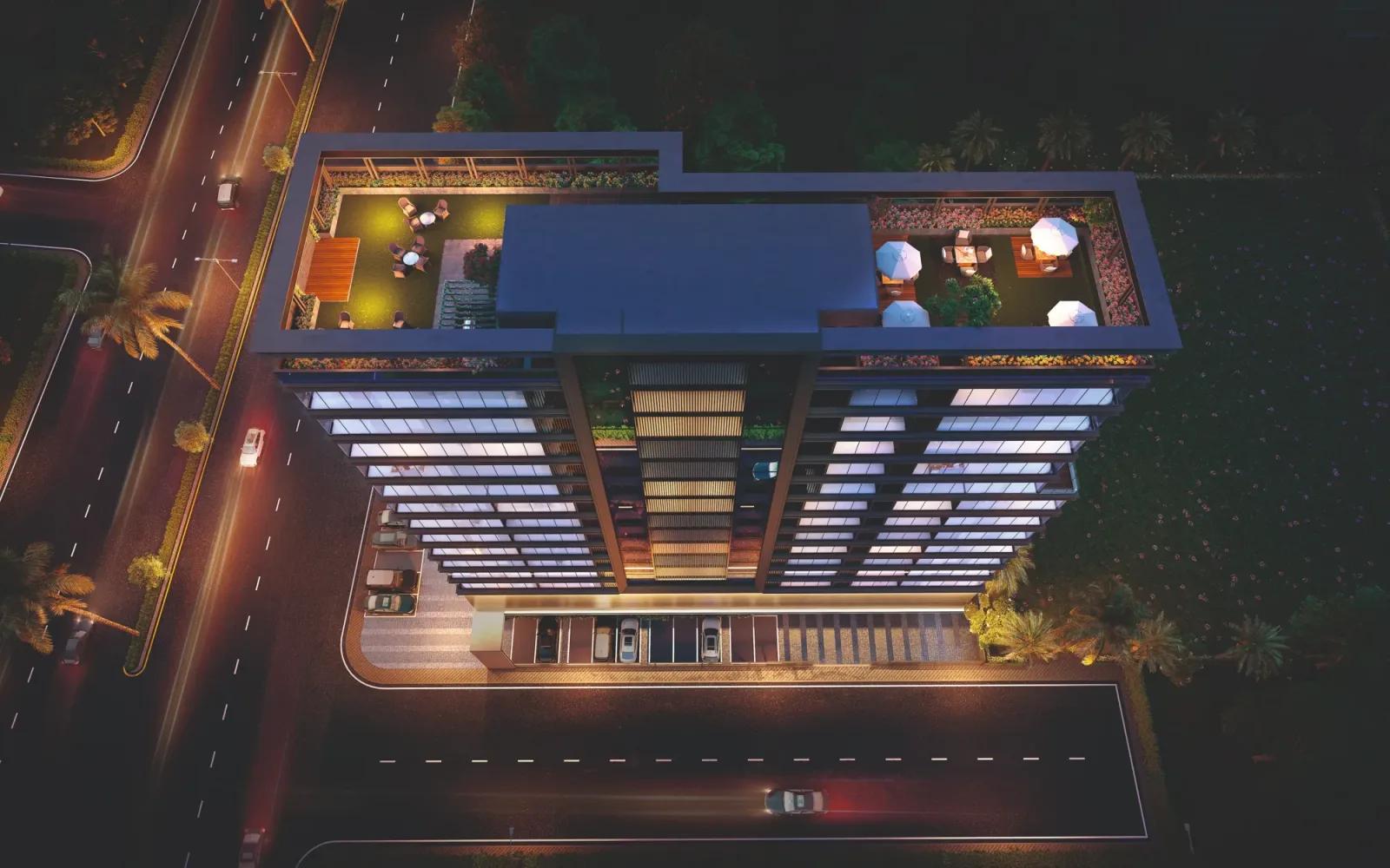 Aerial night view of Prime Pinnacle tower and rooftop, Wakad Pune