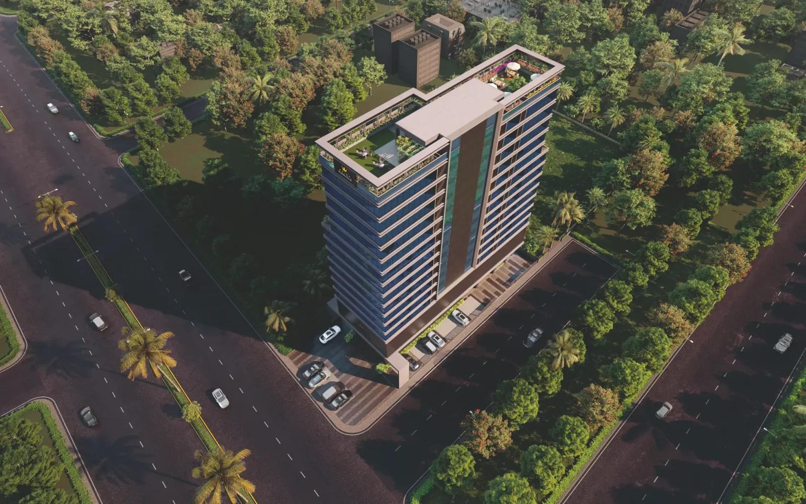 Aerial day view of Prime Pinnacle with surrounding greenery, Wakad Pune