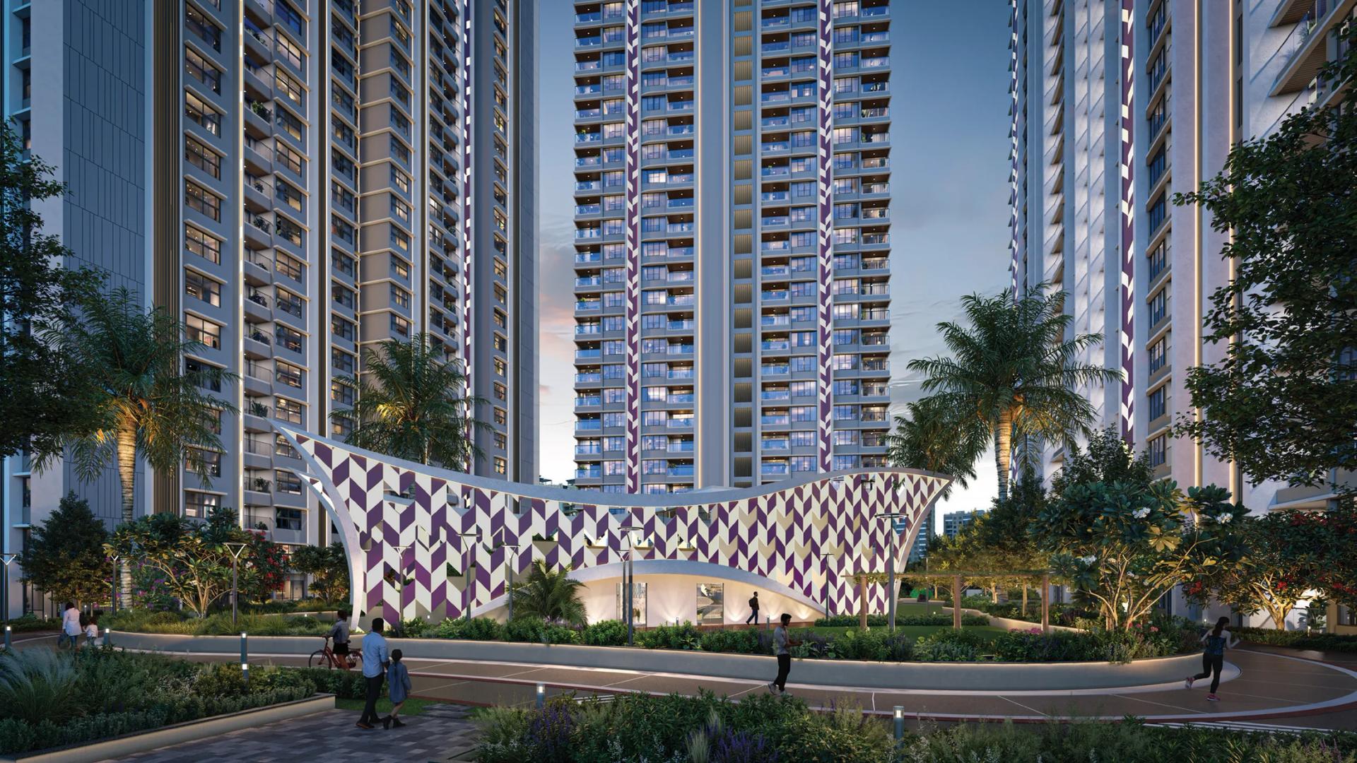 Clubhouse canopy and landscaped podium at Park Eden, Kharadi