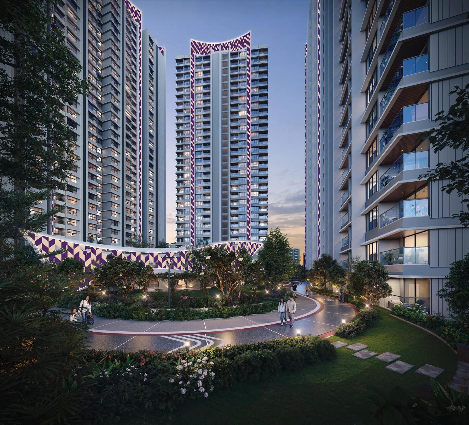 Podium plaza with walking paths at Park Eden, Kharadi
