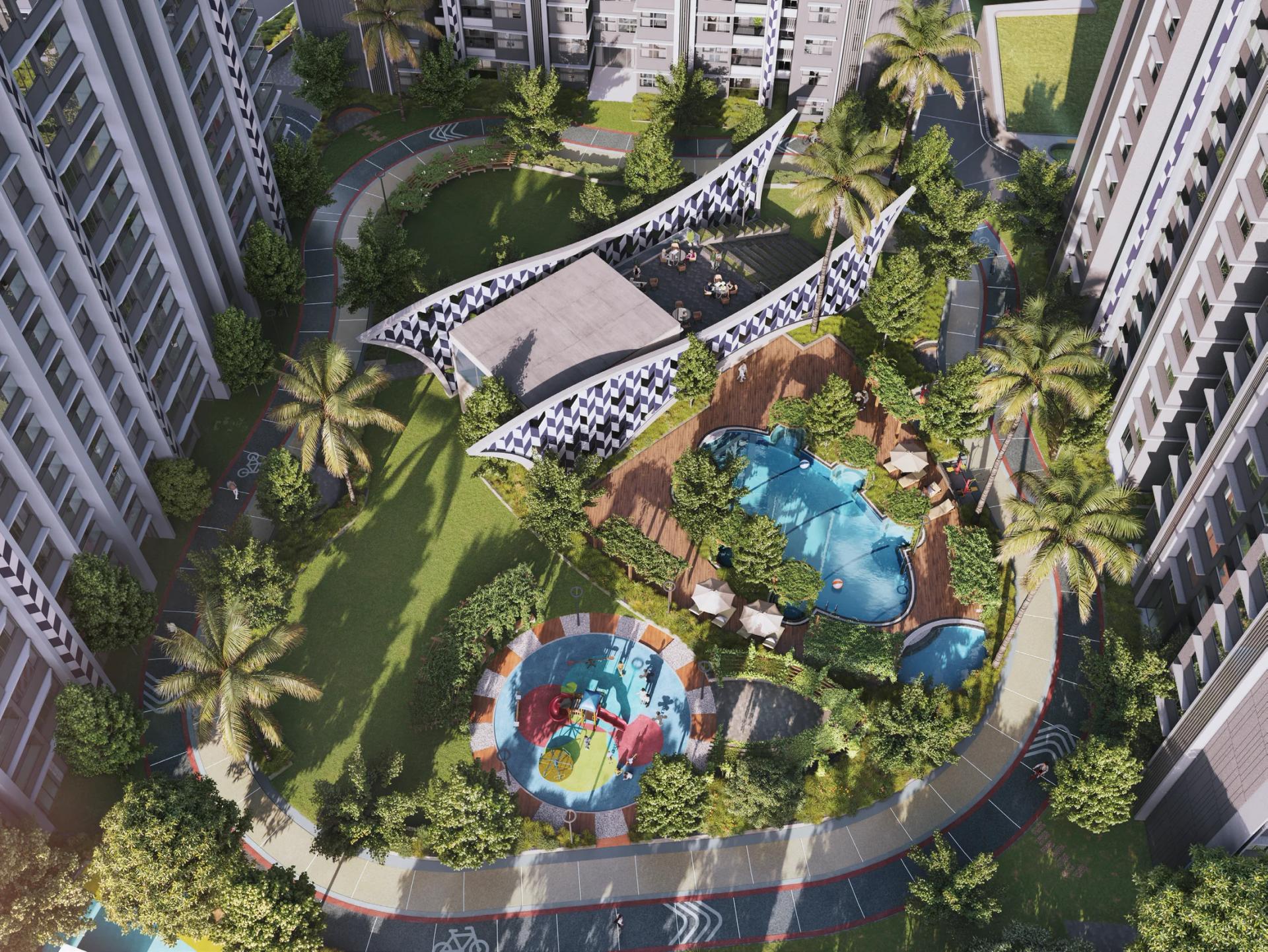 Aerial view of the podium amenity core with pool and play area at Park Eden, Kharadi