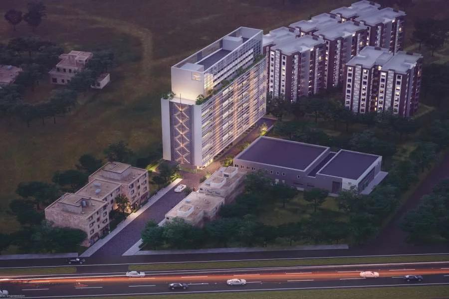Aerial view of the commercial building and nearby blocks at night at Gen1, Baner