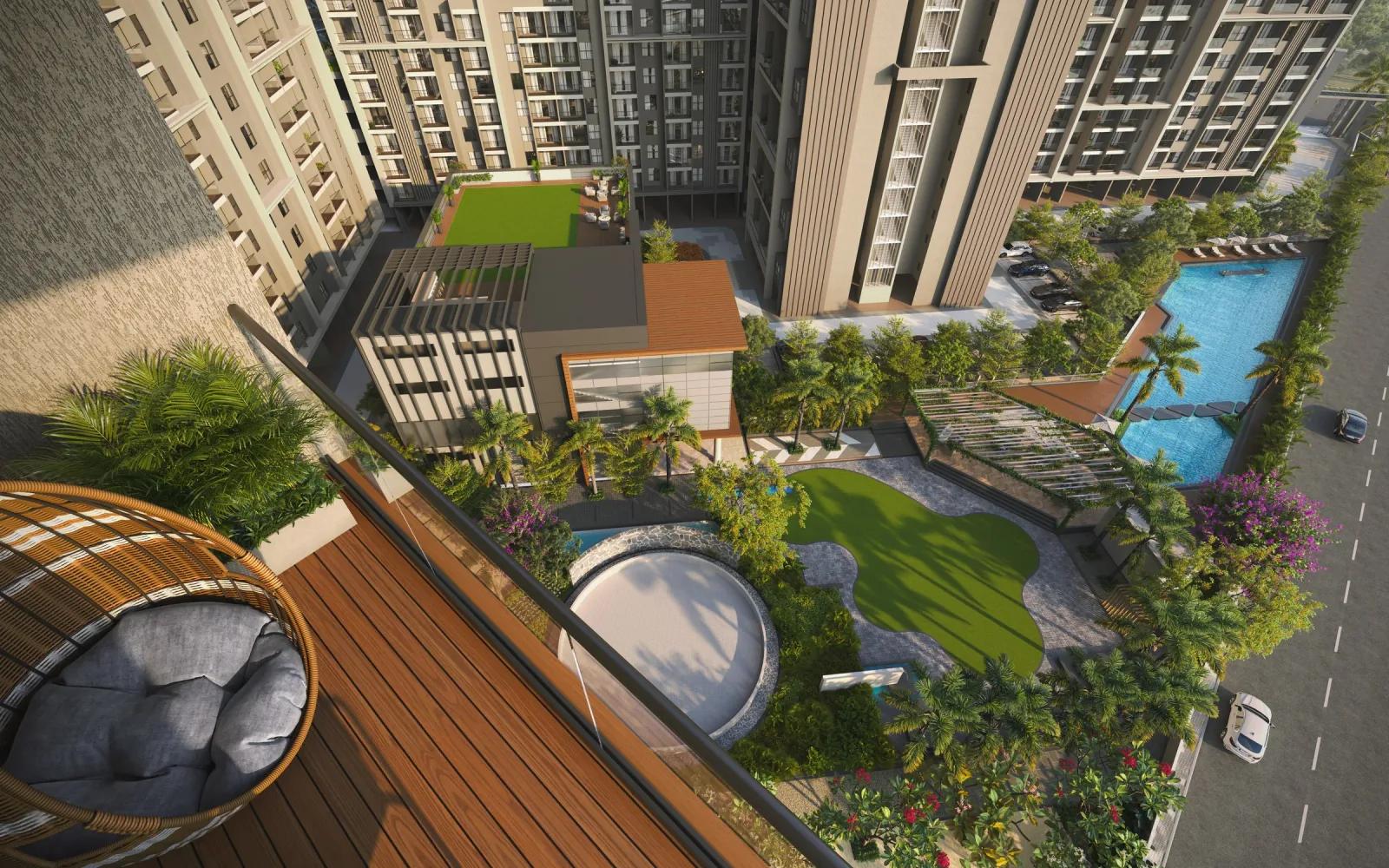 Kohinoor Avantara Wakad Pune aerial view of podium amenities and towers
