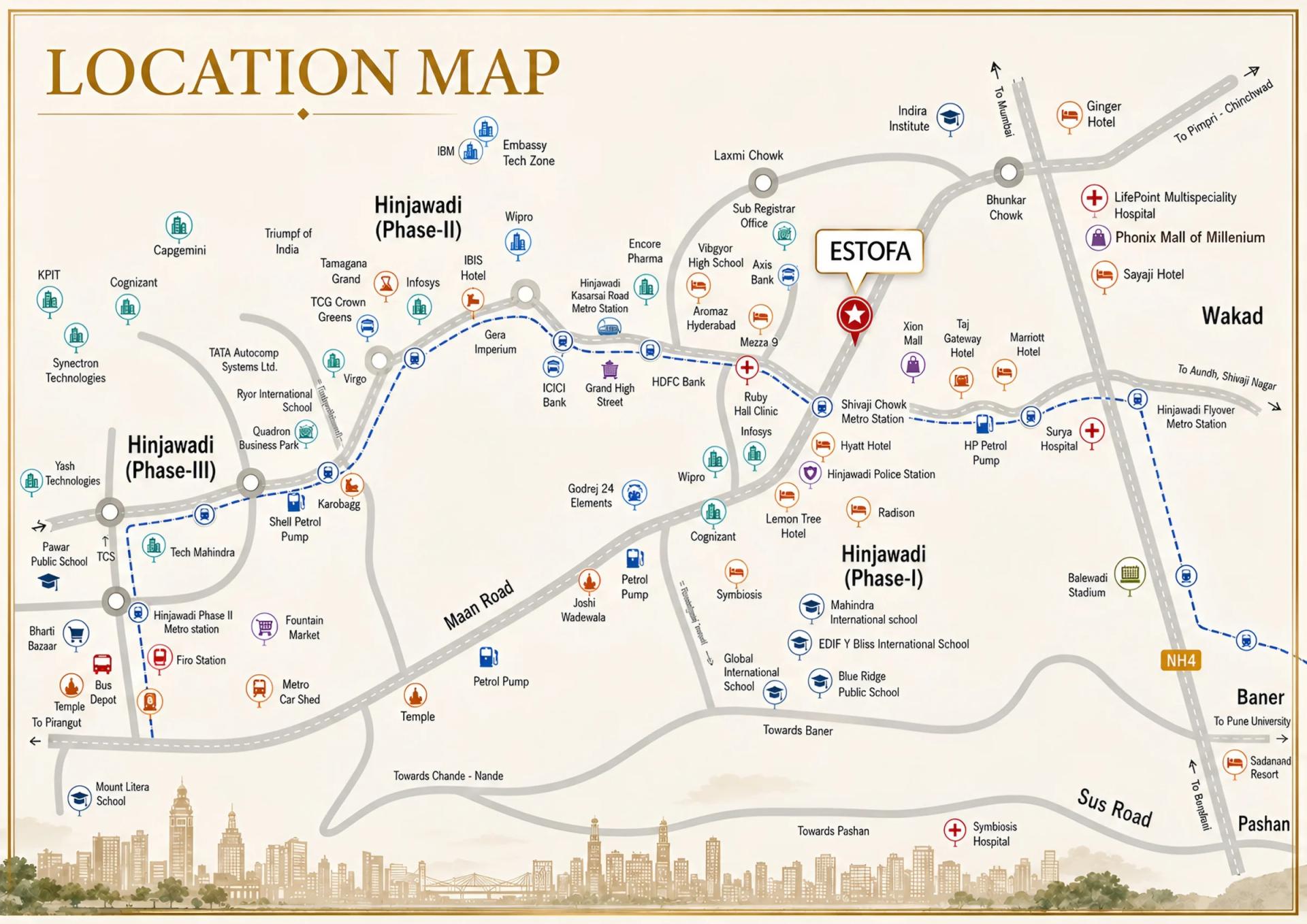 Location map of Estofa One Home, Hinjewadi with nearby metro stations, IT parks, malls and hotels