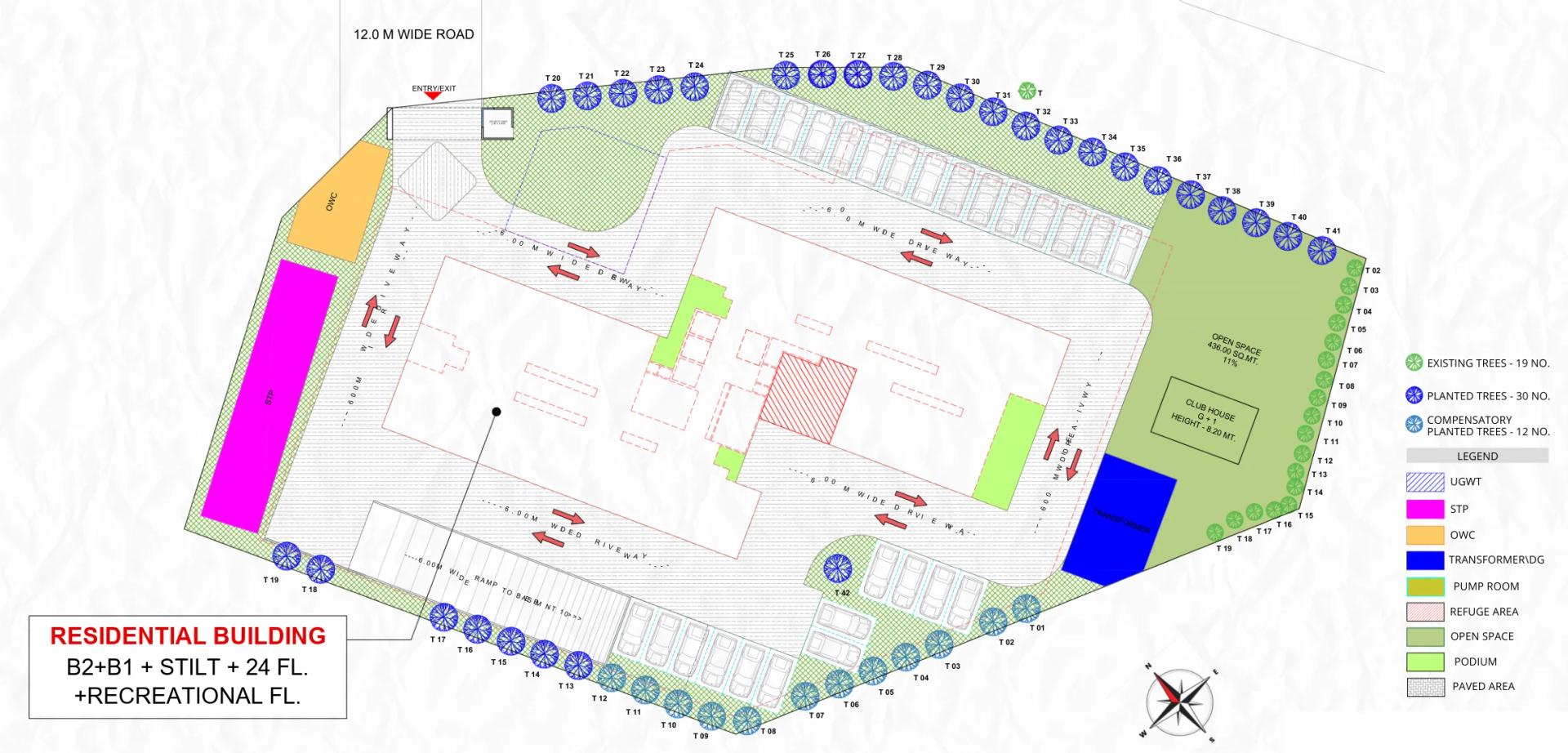 Master plan of Estofa One Home, Hinjewadi showing the tower, driveways, clubhouse and open space