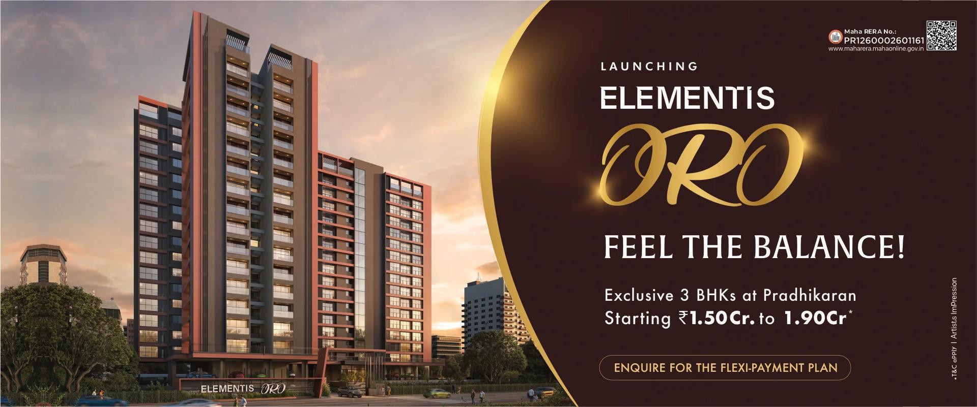 Elementis ORO launch banner – exclusive 3 BHKs at Pradhikaran from ₹1.50 Cr (artist's impression)
