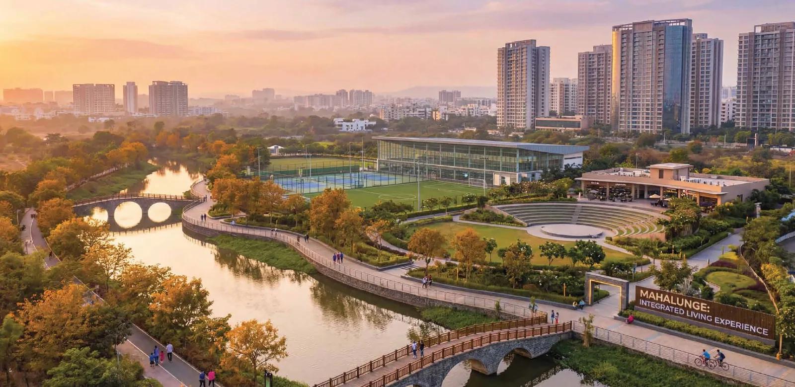 Riverside promenade and sports lawn in the Mahalunge township around Raheja Vistas, Pune