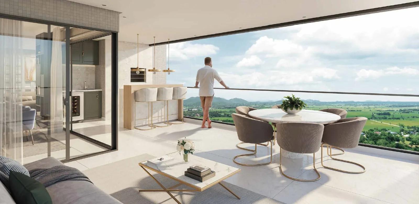 Deck home balcony with hill views at Raheja Vistas, Mahalunge, Pune